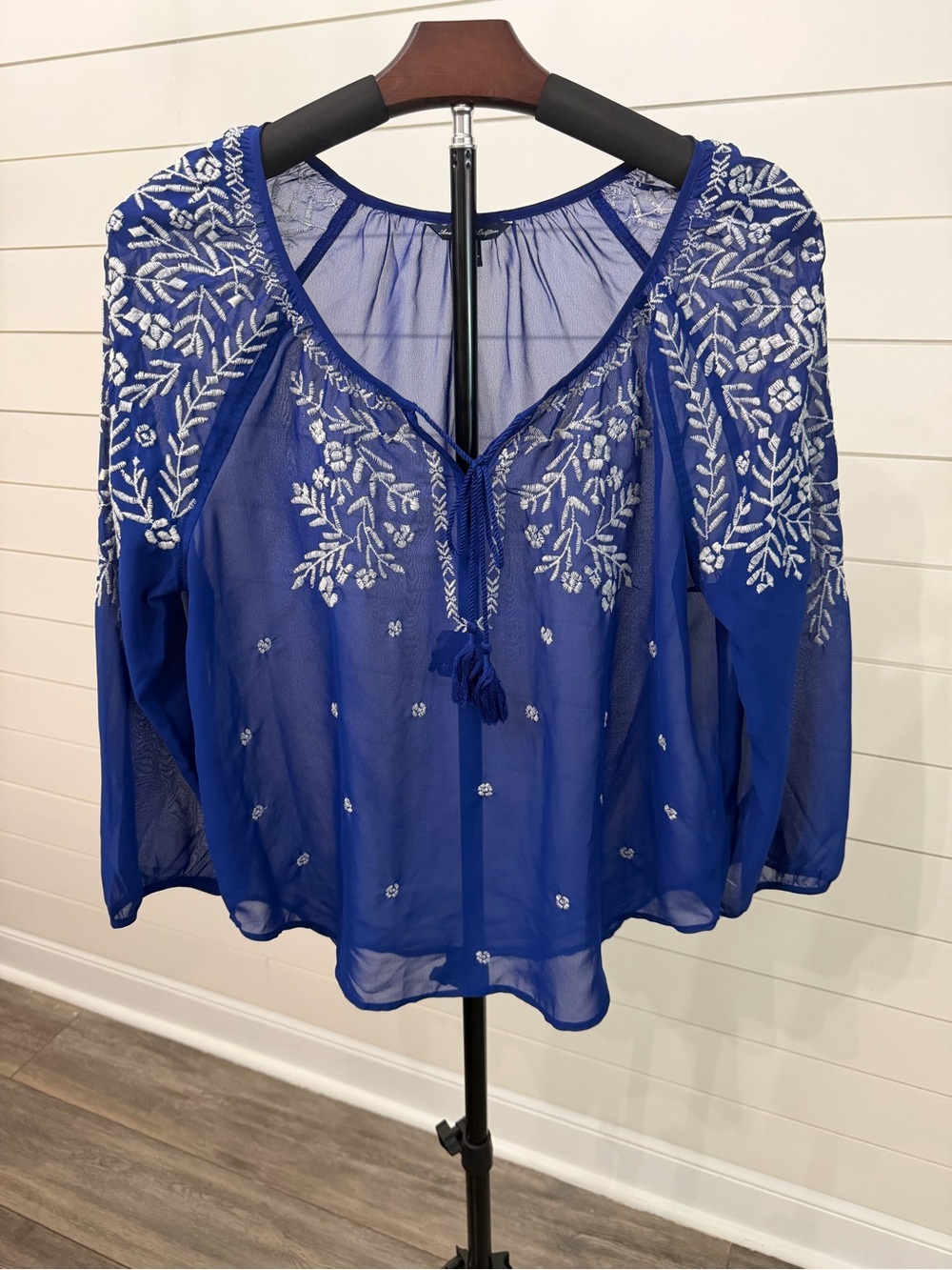 American Eagle Outfitters Sheer Embroidered Tassel Blouse - Blue